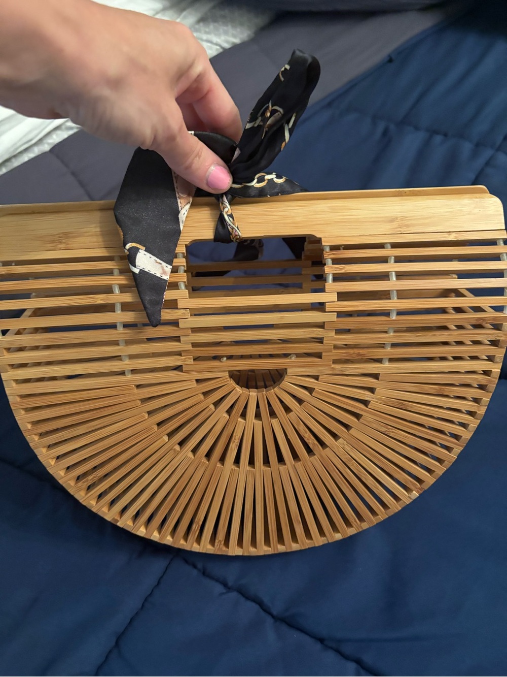 Natural Bamboo Semi-Circle Mini Bag with Black Scarf Accent